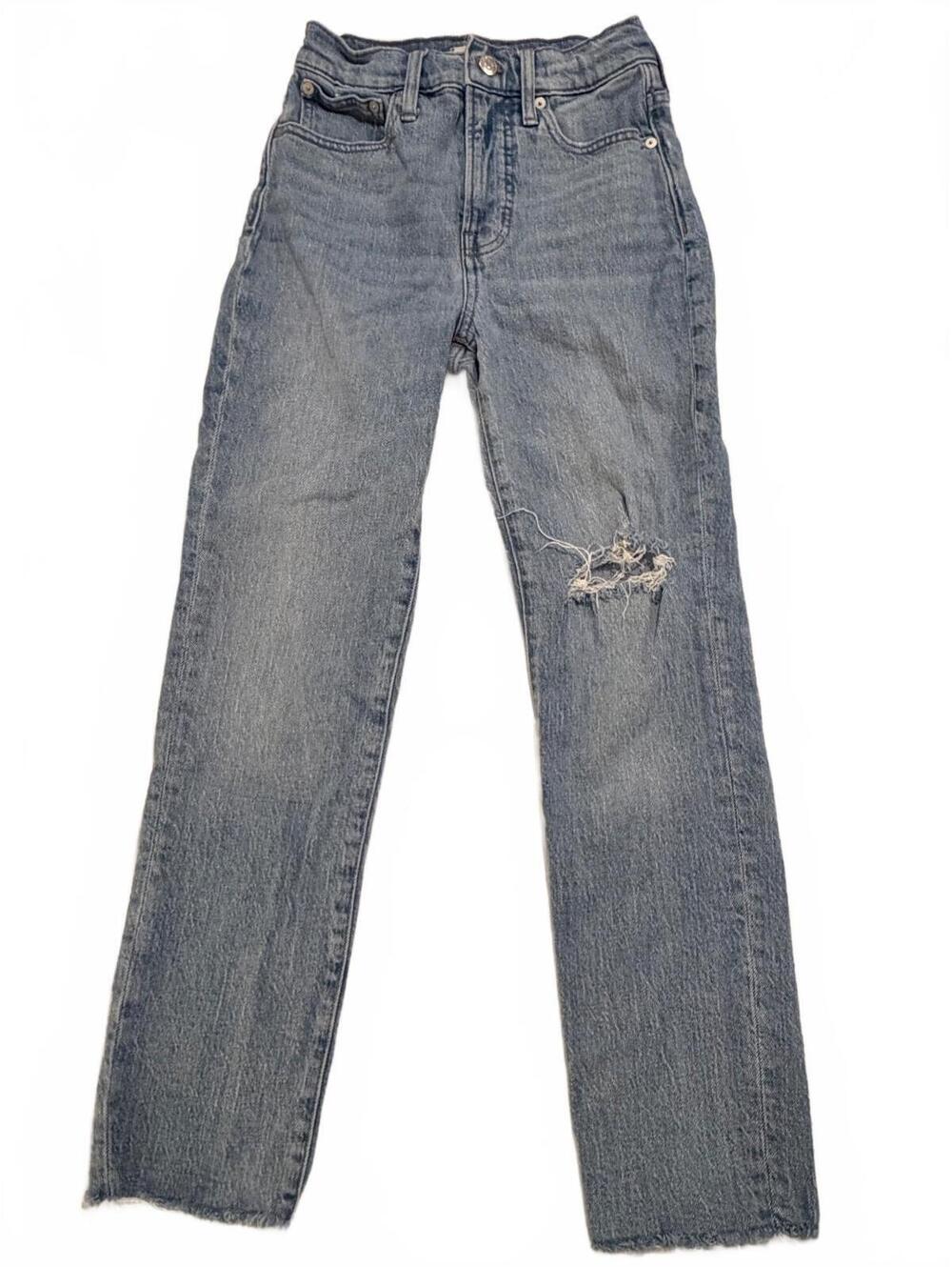 Madewell High-Rise Straight Leg Medium Wash Denim Jeans w/ Distressed Detail